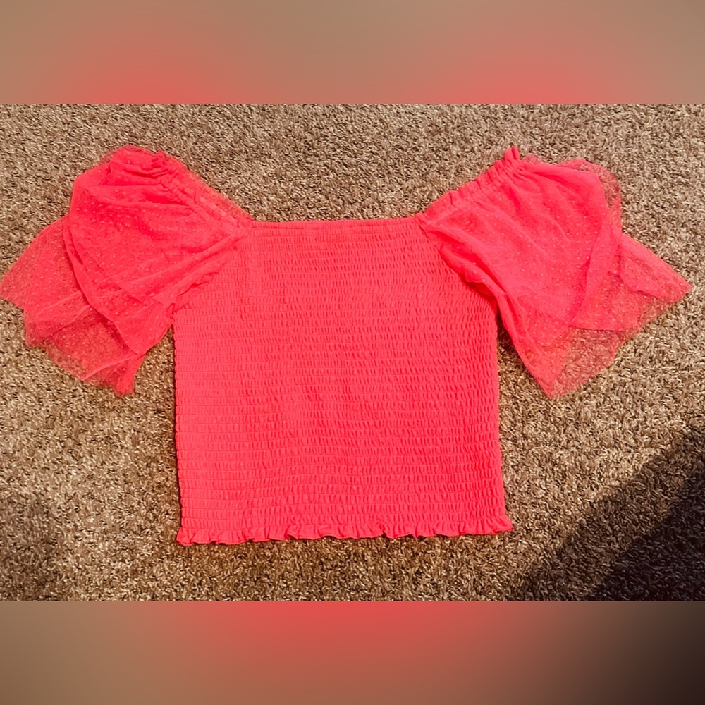 Willow & Root Square-Neck Smocked Puff-Sleeve/tulle Top in Coral - Picture 10 of 15